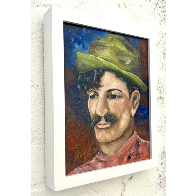 The portrait captures a man with a calm, reflective expression, defined by strong brushstrokes and textured layers of oil...