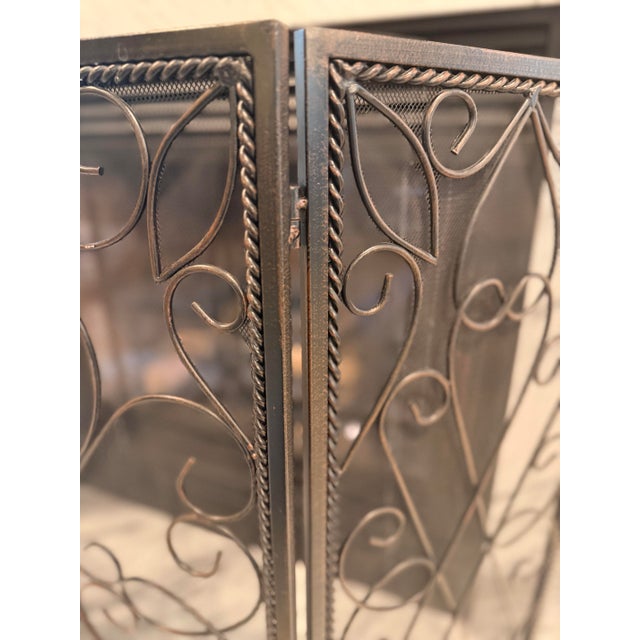 1990s Large Wrought Iron Three-Panel Trifold Fireplace Screen With Scrollwork & Twisted Rope Border For Sale - Image 5 of 8