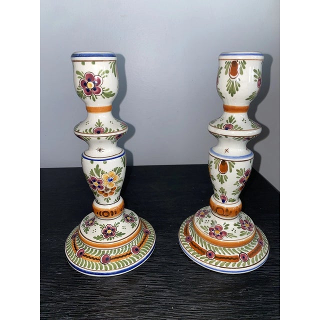 1990s Vintage Delft Polychomatic Floral Candlestick Holders-Set of 2 For Sale - Image 5 of 6