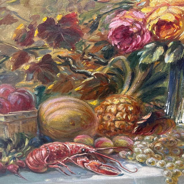 Early 19th Century Antique Still Life Oil Painting Floral Fruit Lobster Gilt Wood Frame Signed For Sale - Image 5 of 6