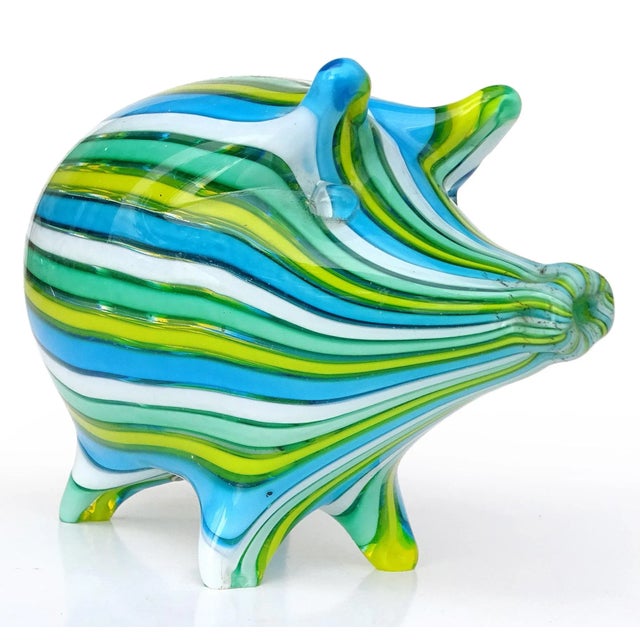 Beautiful vintage Murano hand blown blue, green, yellow and white Italian art glass pig figurine / sculpture. The piece is...