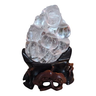 Early 20th Century Chinese Hand Carved Crystal Sculpture on a Rosewood Stand For Sale