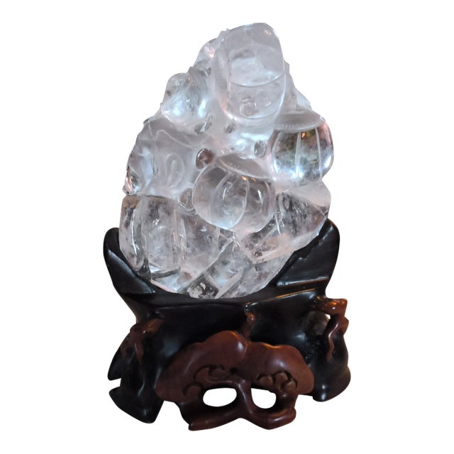 Early 20th Century Chinese Hand Carved Crystal Sculpture on a Rosewood Stand For Sale
