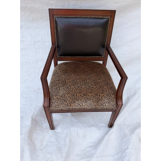 90's Timeless Leopard Print Black Faux Leather Back Mahogany Arm Chair, No makers mark 40"H X 25" W X 27" D Seat H 18" Arm...