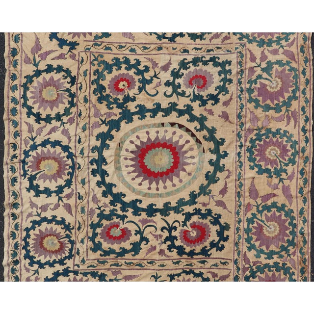 Tribal Antique Uzbekistan Suzani Textile With Medallion and Floral Vine Embroidery For Sale - Image 3 of 17