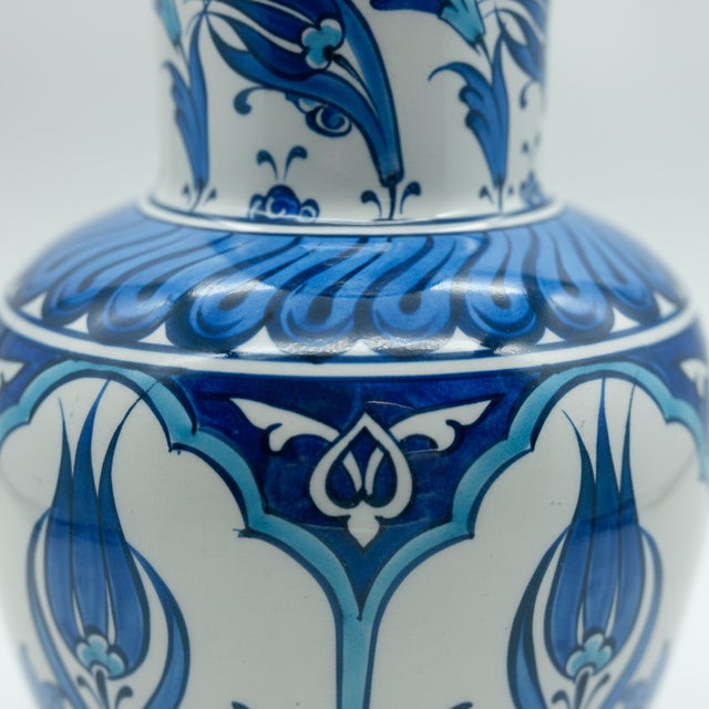2020s Handmade Ceramic Vase (20cm) – Classic Blue & White Tulips with Petal Collar – Traditional Iznik Decor For Sale - Image 5 of 9