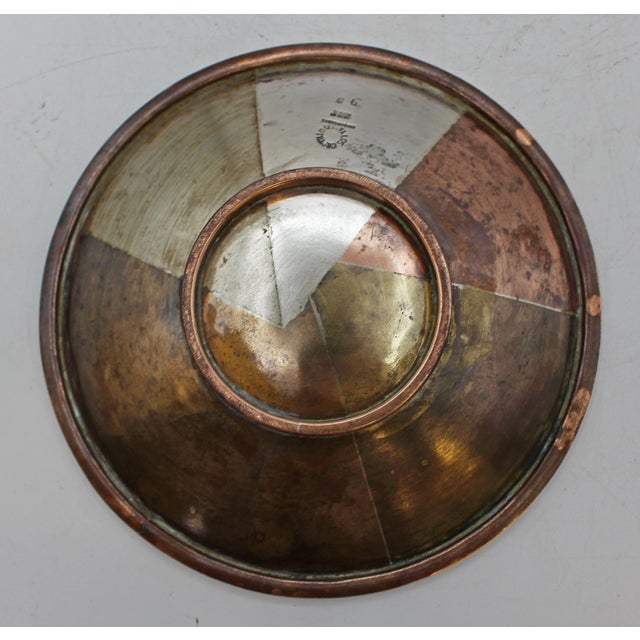 Los Castillo mixed metals card tray, Taxco, Mexico, circa 1950s. Hand wrought, raised on ring base. Copper, brass & silver...