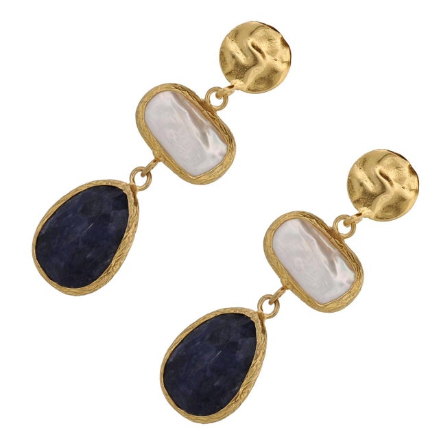 Contemporary Pearl & Sapphire Gemstone Gold Statement Earrings, 2 Pieces For Sale - Image 3 of 6