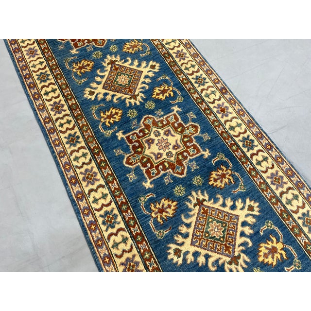 Blue and Beige Kazak-Style Wool Runner Rug, Natural Dyes, 2'8