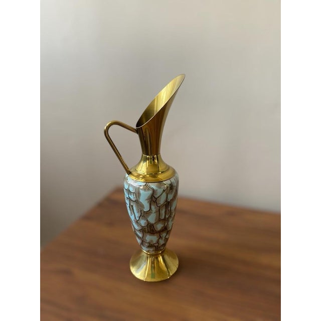 Mid-Century Modern Vintage Mid-Century Modern Brass Pitcher/Vase Green Enamel For Sale - Image 3 of 8