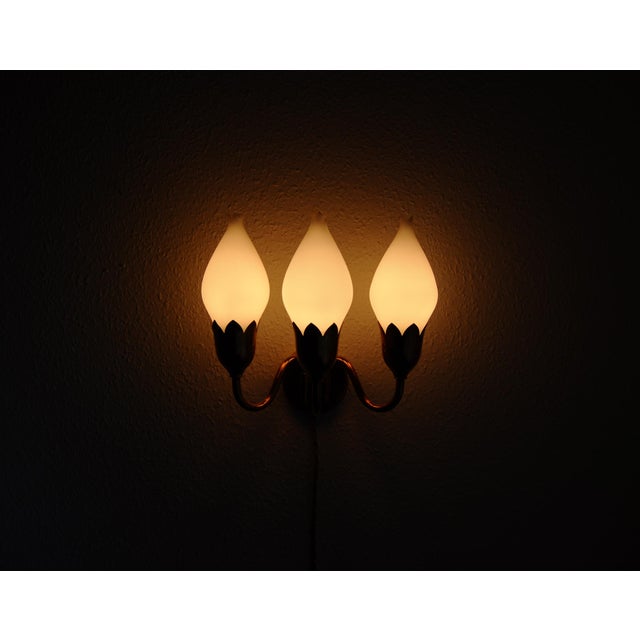 Metal Three-Arm Brass and Opaline Glass Tulip Wall Lamp from Fog & Mørup, 1950s For Sale - Image 7 of 8