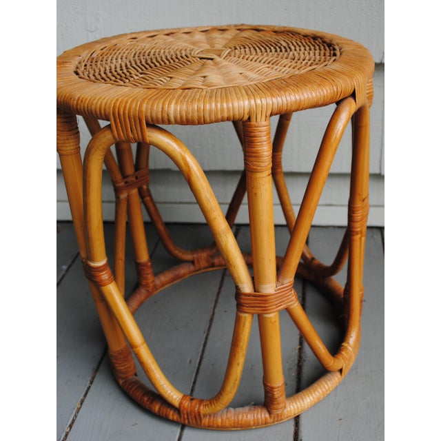 Mid 20th Century Mid Century Small Round Drum Bamboo Wicker Top Accent Table For Sale - Image 5 of 8