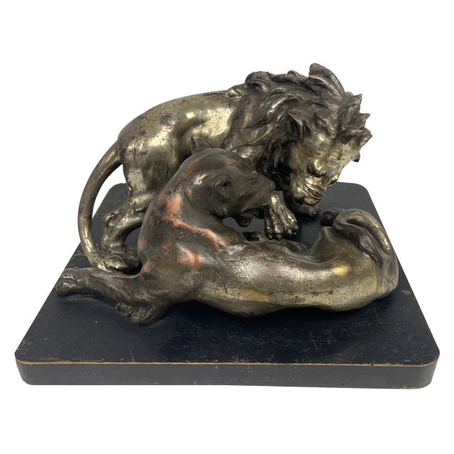 C. Ganci, Fight Between Lion and Tiger, 1920s, Silver Sculpture For Sale