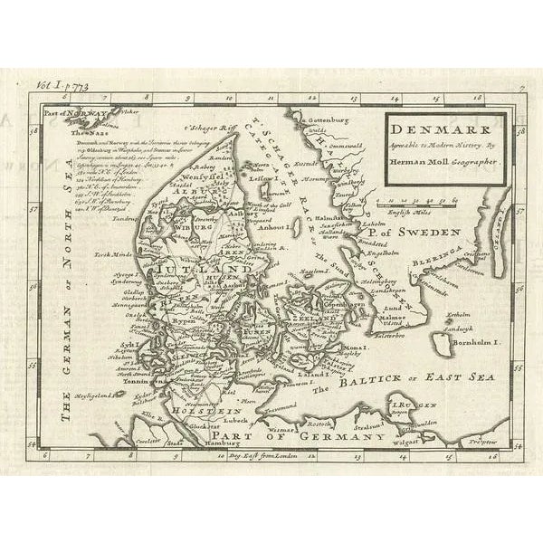 Antique Map of Denmark by Moll, 1730 For Sale - Image 4 of 5