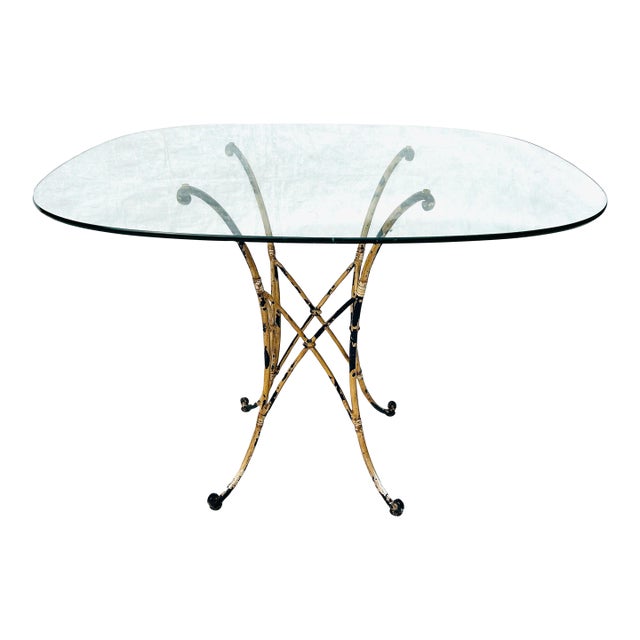 60's Midcentury Wrought Iron Base With Glass Top Patio/Outdoor Table For Sale