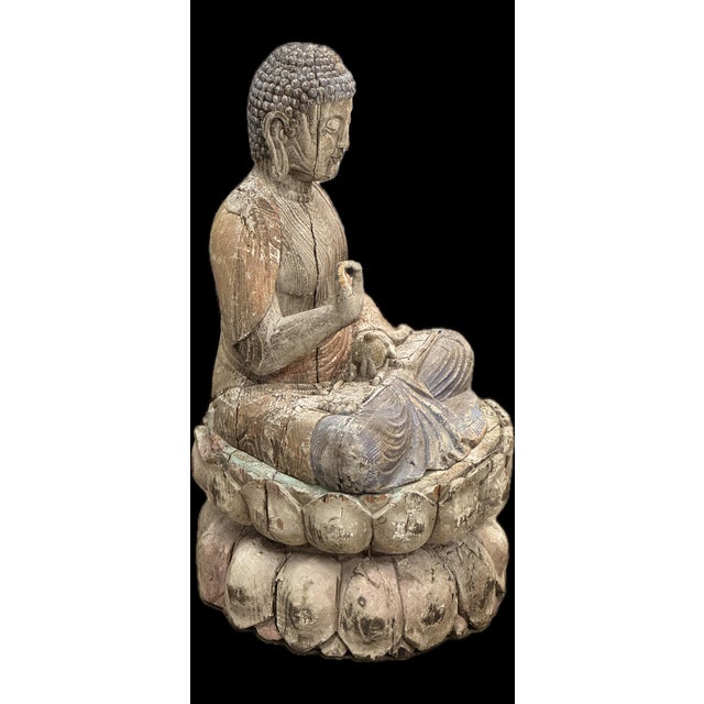 Coffee Antique Chinese Polychrome Wood Buddha on Double Lotus Base Large 42” For Sale - Image 8 of 10