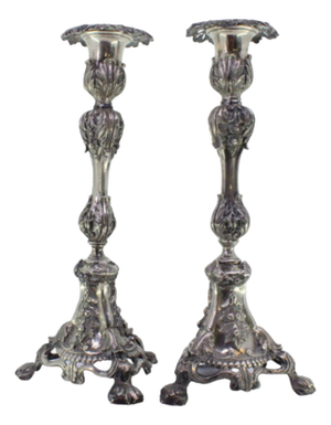 Tripod-Shaped Silver Candlesticks with Embossed Stems, Acanthus Leaves and Cut-Out Base with Feet