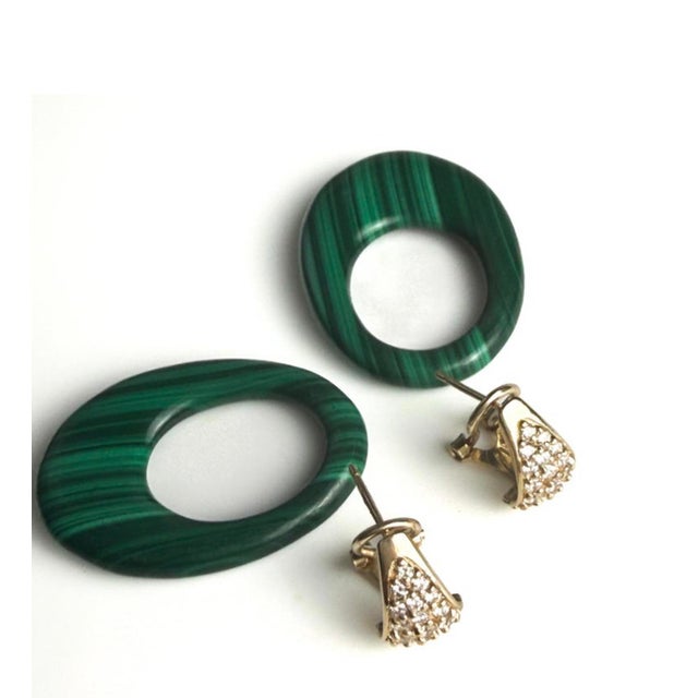 14k Yellow Gold Door Knocker Drop Earrings With Carved Malachite and Diamonds, A Pair For Sale - Image 4 of 7