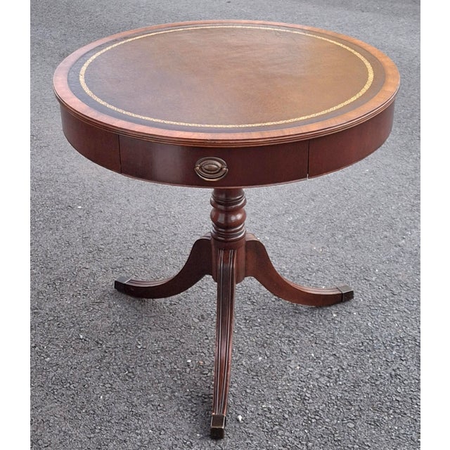 Georgian Style Mahogany and Tooled Leather and Stenciled Top Drum Table C. 1930s For Sale - Image 4 of 16