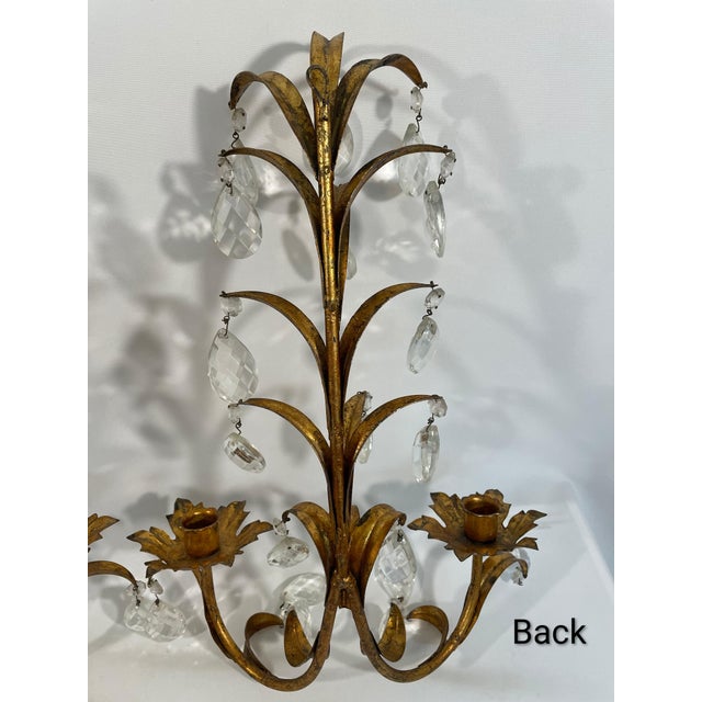 Vintage Mid Century 19" Italian Gilded Tole and Crystals Candle Sconces - A Pair For Sale - Image 9 of 18