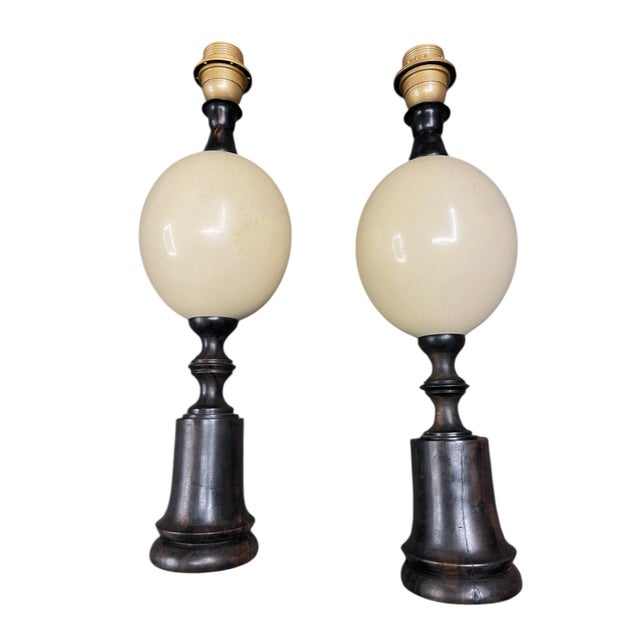 Wood Vintage Exotic Wood and Ostrich Egg Lamps from Maison Jansen, 1950s, Set of 2 For Sale - Image 7 of 11