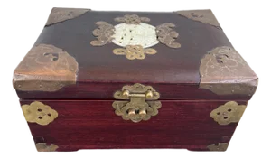 Vintage Chinese Chinoiserie Rosewood Jewelry Box With Brass Fittings and Jade Medallion