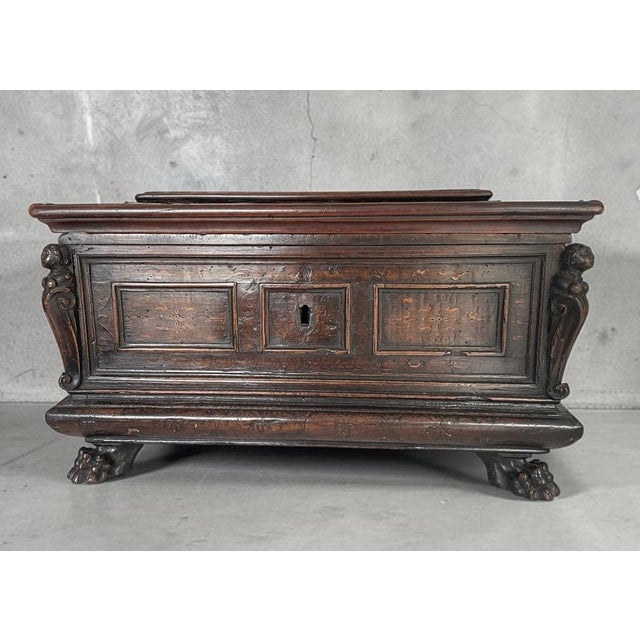 Wood Small Italian Inlaid Walnut Cassone with Paw Feet, 1550-1580 For Sale - Image 7 of 8