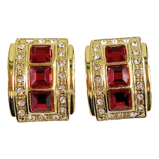 Vintage Cilp -on Goldstone Rhinstone Ruby and Diamond Earrings For Sale