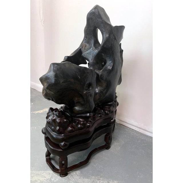 Chinoiserie Large Spectacular Chinese Lingbi Scholar Stone on Stand For Sale - Image 3 of 18
