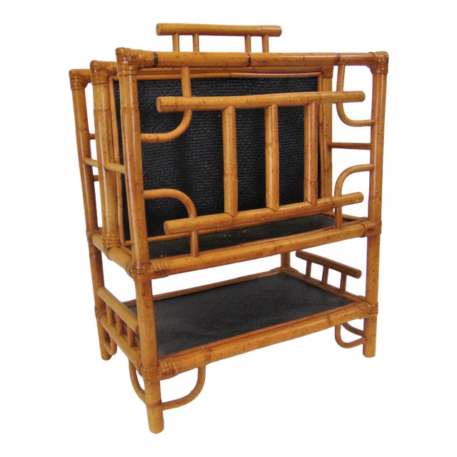 Vintage Bamboo & Ebonzied Raffia Magazine Rack For Sale