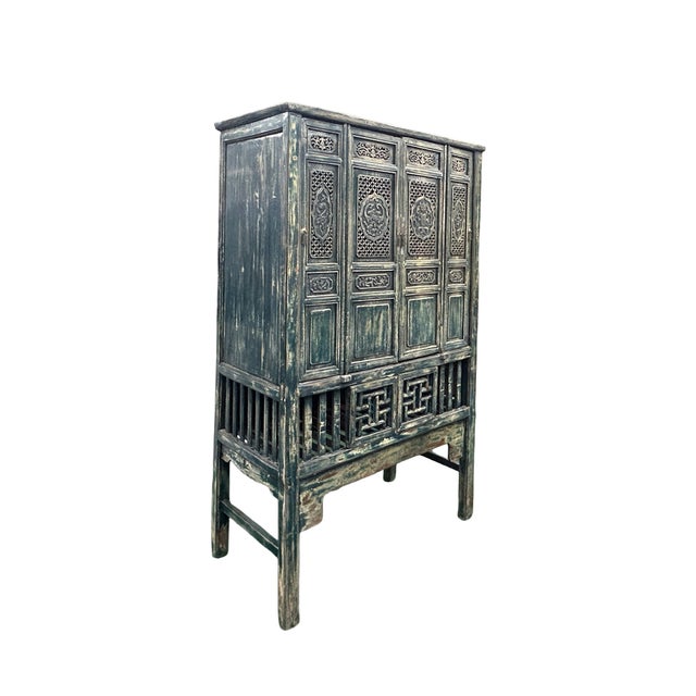 Asian Vintage Distressed Teal Blue Oriental Carving Storage Cabinet For Sale - Image 3 of 12