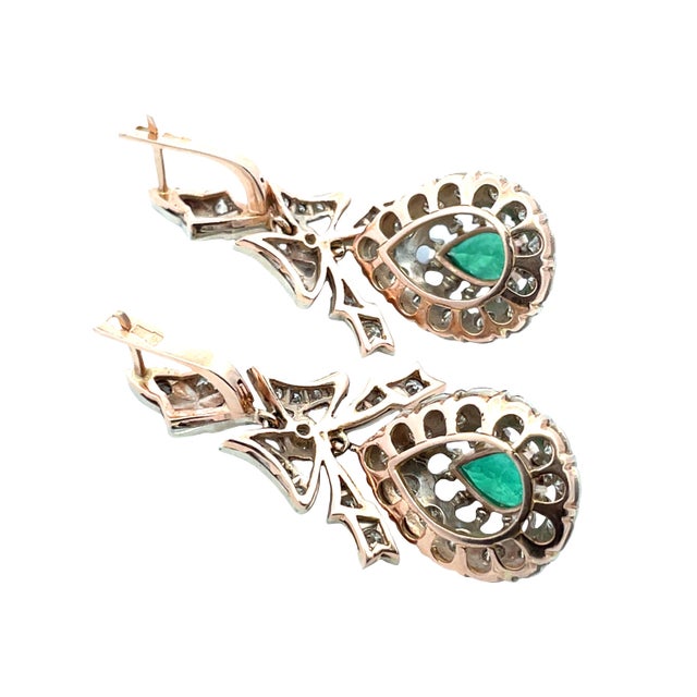Green 14k Yellow Gold 3 Carat Diamond & 1.50 CTW Emerald Drop Earrings, A Pair For Sale - Image 8 of 12