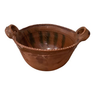 Vintage Handmade Earthenware Pottery Massive Red Clay Glazed Bowl With Handles For Sale
