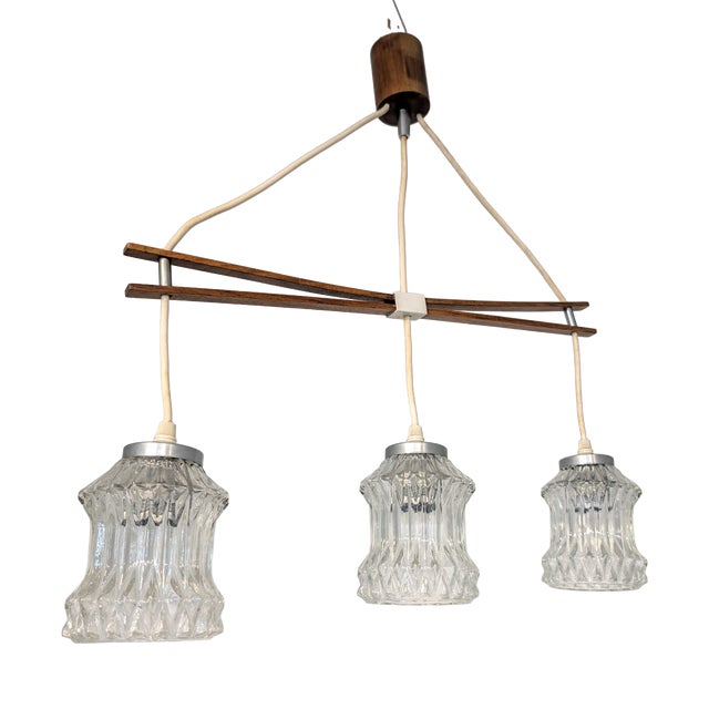 Teak Pendant with Ribbed Glass Shades, 1960s For Sale