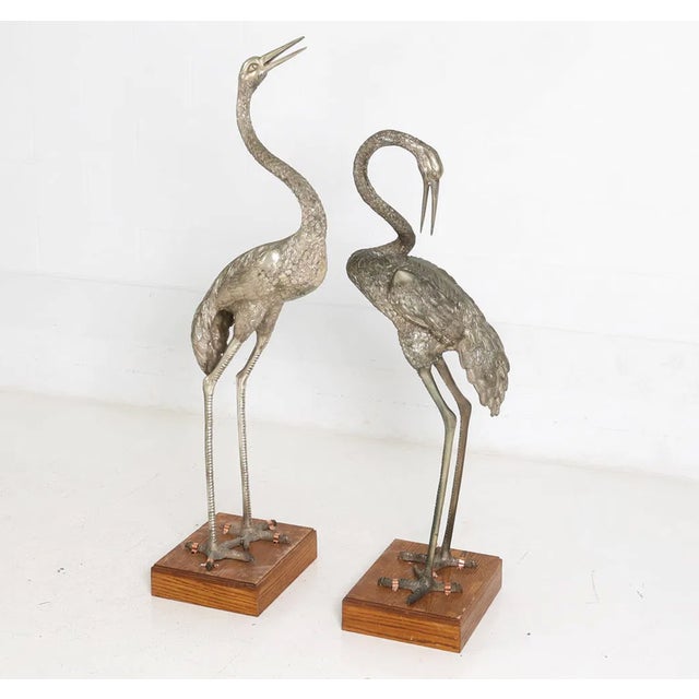 Monumental Pair of Silvered Crane Sculptures on Wooden Plinth Bases | 20th Century For Sale - Image 4 of 13