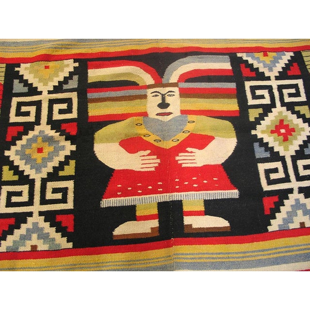 Mexican 1940s Multicolor Figure Striped Zapotec Antique Mexican Knotted Rug 4' 5"x 6' 2" Wool Carpet For Sale - Image 3 of 6