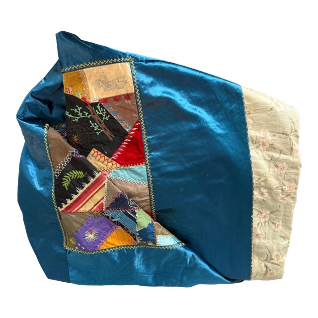 Antique Handmade Blue Silk Velvet Needlepoint Embroidery Painted Crazy Quilt For Sale