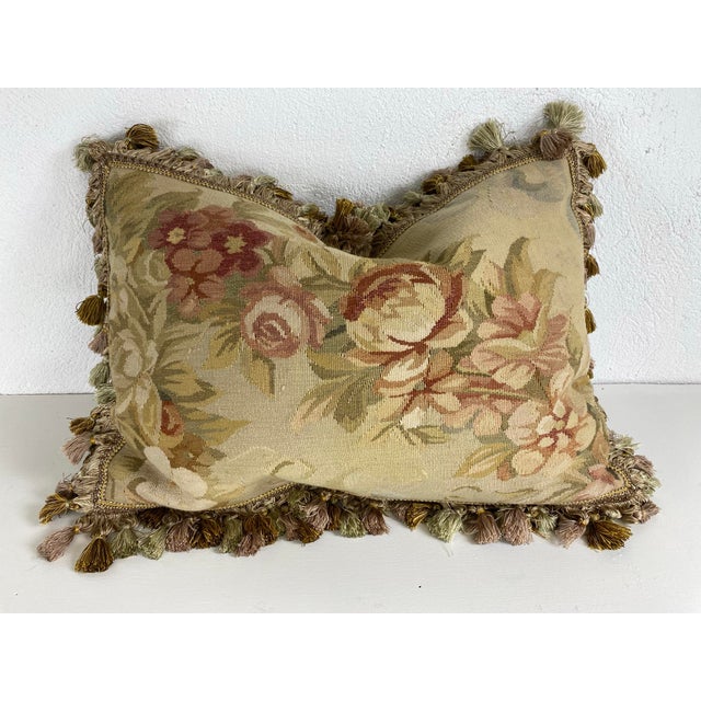 2020s Vintage Tasselled Floral Aubusson Tapestry Pillow For Sale - Image 5 of 9