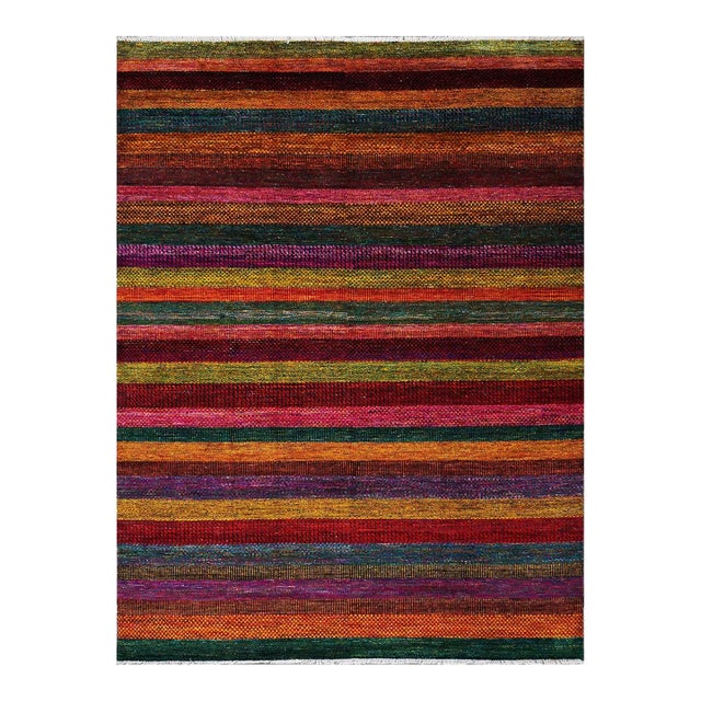 Indian Modern Sari Silk Ikat 9x12 Vibrant Multicolor Handmade Area Rug #9902755 For Sale