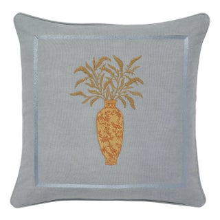 Palais Chinoiserie Embroidered Vase Throw Pillow in Smokey Blue & Caramel (20” X 20”) For Sale