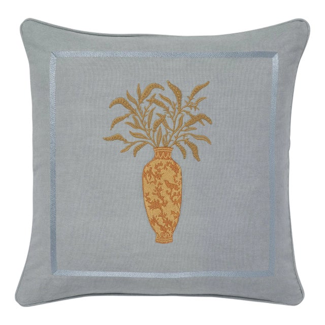 Palais Chinoiserie Embroidered Vase Throw Pillow in Smokey Blue & Caramel (20” X 20”) For Sale