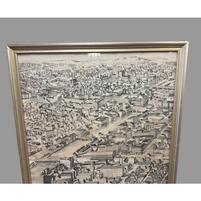 Vintage Framed Bird’s Eye View City Lithograph Print Panoramic Map Architectural Art Offered for sale is a striking...