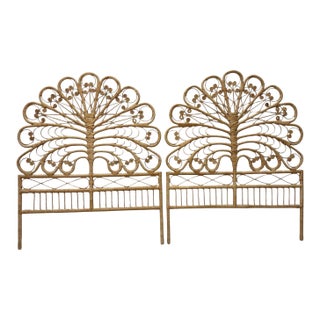 Vintage Boho Chic Peacock Style Rattan Twin Headboards - A Pair For Sale