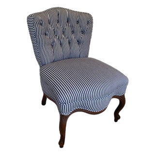 Vintage Slipper Chair Tufted in Cotton Ticking For Sale