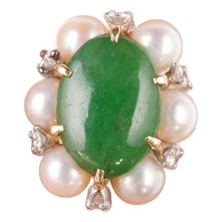 Sz6 Estate 18k Jadeite, Diamond, and pearl ring For Sale