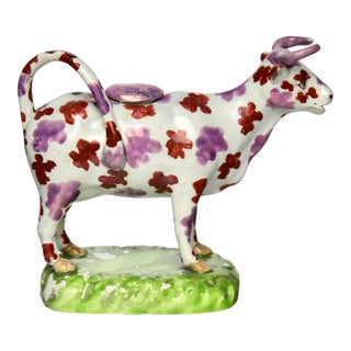 Circa 1820 Regency Era Swansea Lustreware Pottery Cow Creamer and Cover For Sale