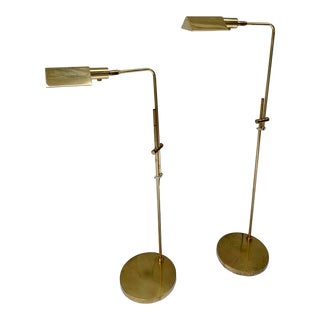 1970's Mid Century Adjustable Tent Shade Brass Pharmacy Floor Lamps - a Pair For Sale