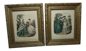 Vintage Wood Framed Paris France Fashion Advertisements - a Pair