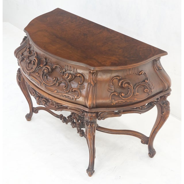 Heavily Carved Decorative Demi Lune Style Burl Walnut Top Console Table For Sale - Image 12 of 12