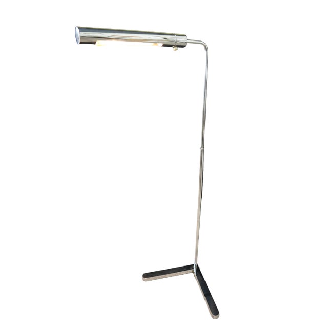 Spectacular MCM chrome floor lamp by Casella Designs with a unique V shaped base, featuring a dimmer dial, an adjustable...
